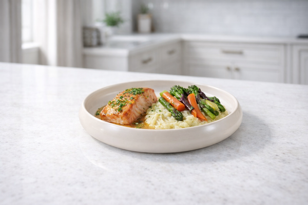 beige diep bord met maaltijd presentatie