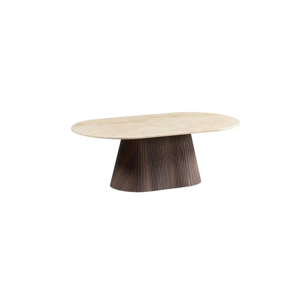 Kimberly Salontafel – Ovaal 130x70 cm – Flintstone Look Steen met Bruin MDF Onderstel