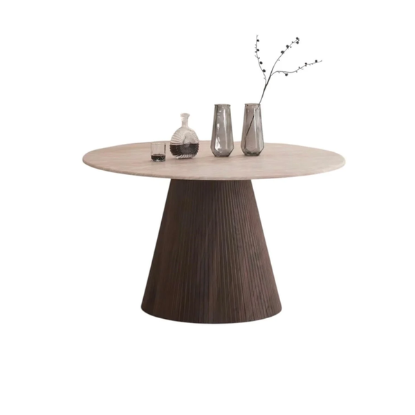 Kimberly Ronde Eettafel – Ø130 cm – Flintstone Look Steen met Bruin MDF Onderstel