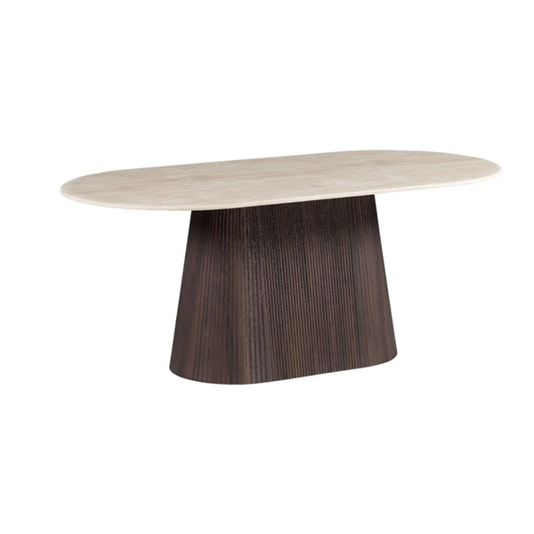 Kimberly Eettafel – Ovaal 180x90 cm – Flintstone Look Steen met Bruin MDF Onderstel