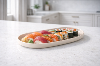 serveerschaal beige met hapjes presentatie