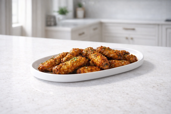 serveerschaal wit met kip hapjes presentatie